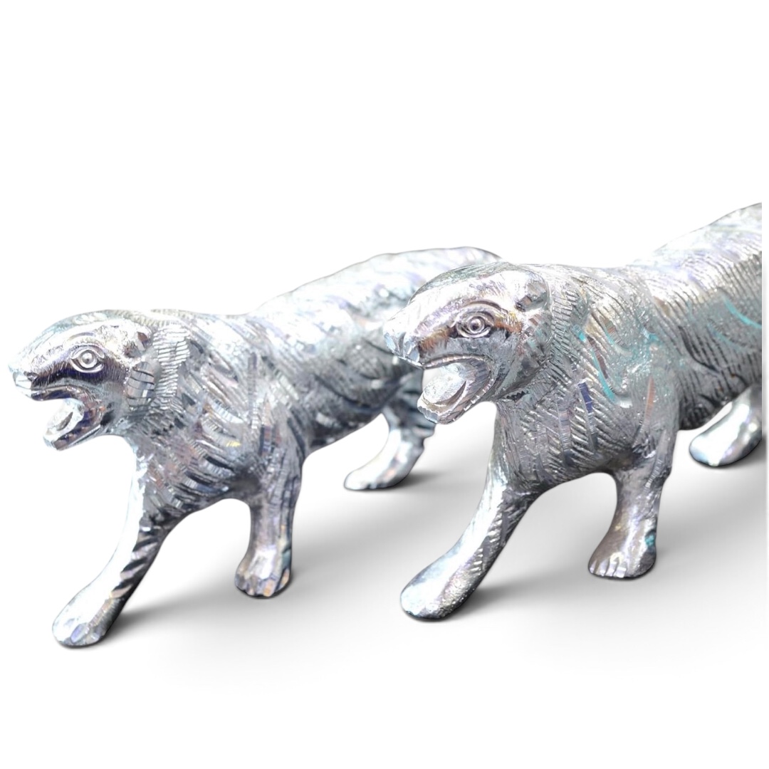 Decorative White Metal Cheetah, Tiger Figurines, Set of 2, 7 inches Width and 3.5 inches Long - Image 3